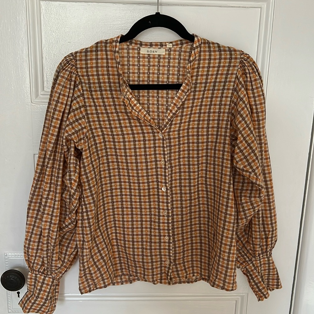 Dôen bubble sleeve plaid top
